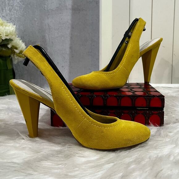 Nine West Leather Suede Epic Daffodil Round Toe Slingback Stacked High Heels 5.5 - Picture 13 of 15